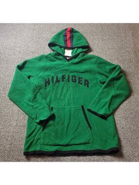 Tommy Hilfiger Fleece Hoodie Mens L Large Green Sweater Sweatshirt y2K Vintage